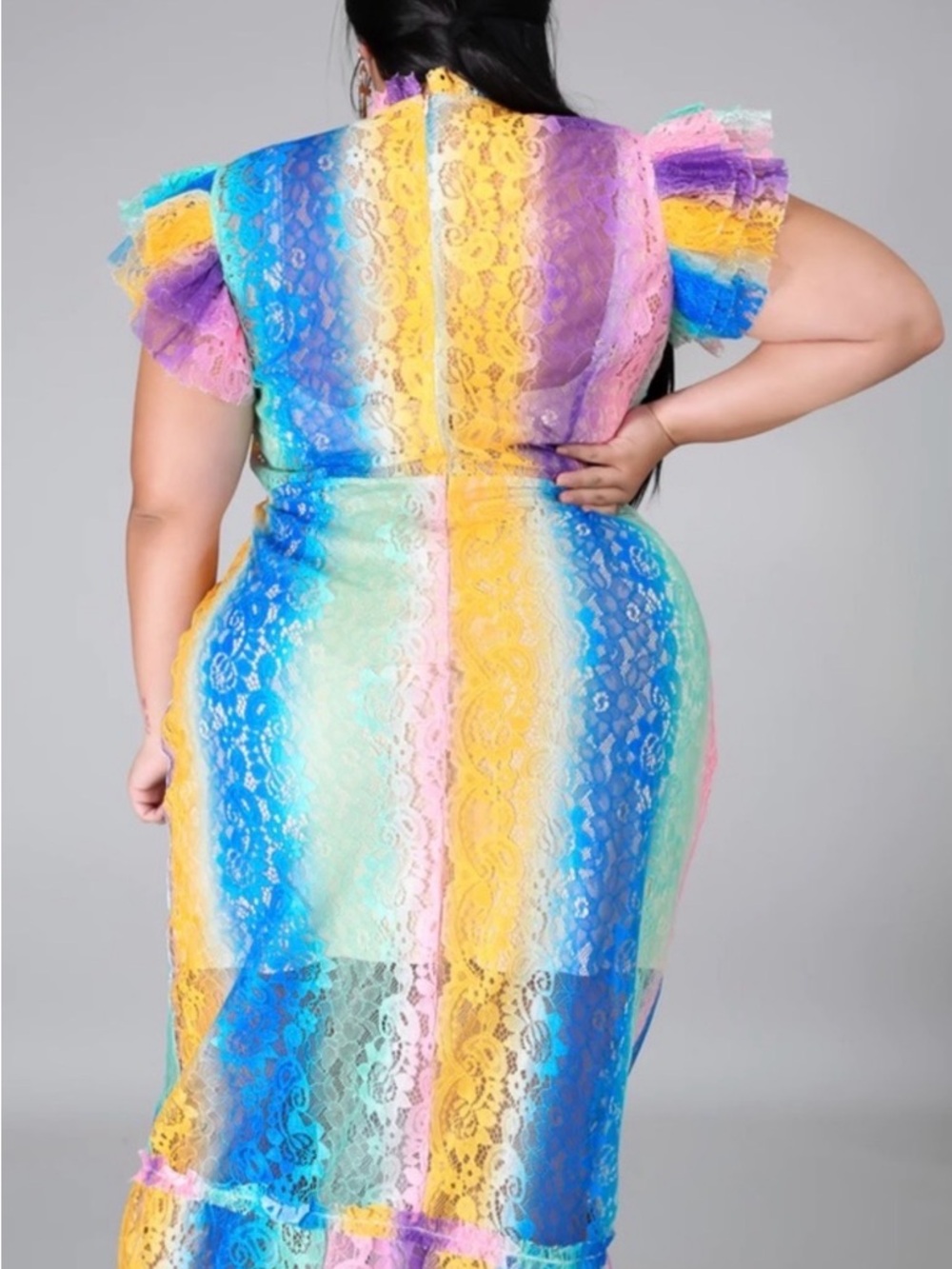 Curvy Rainbow Lace Midi Dress with Ruffle Sleeves - Multicolor - Picture 3 of 10